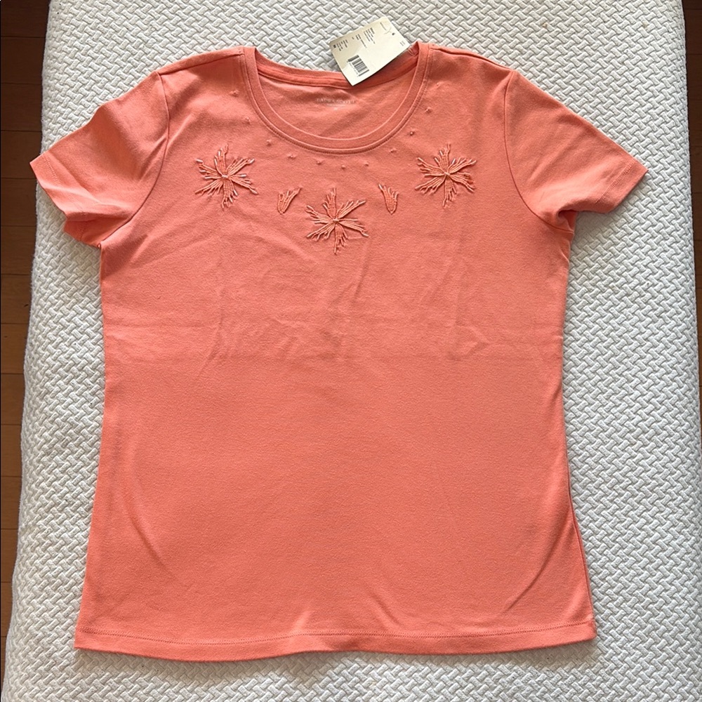 Laura Scott Coral Embroidered Short Sleeve Top